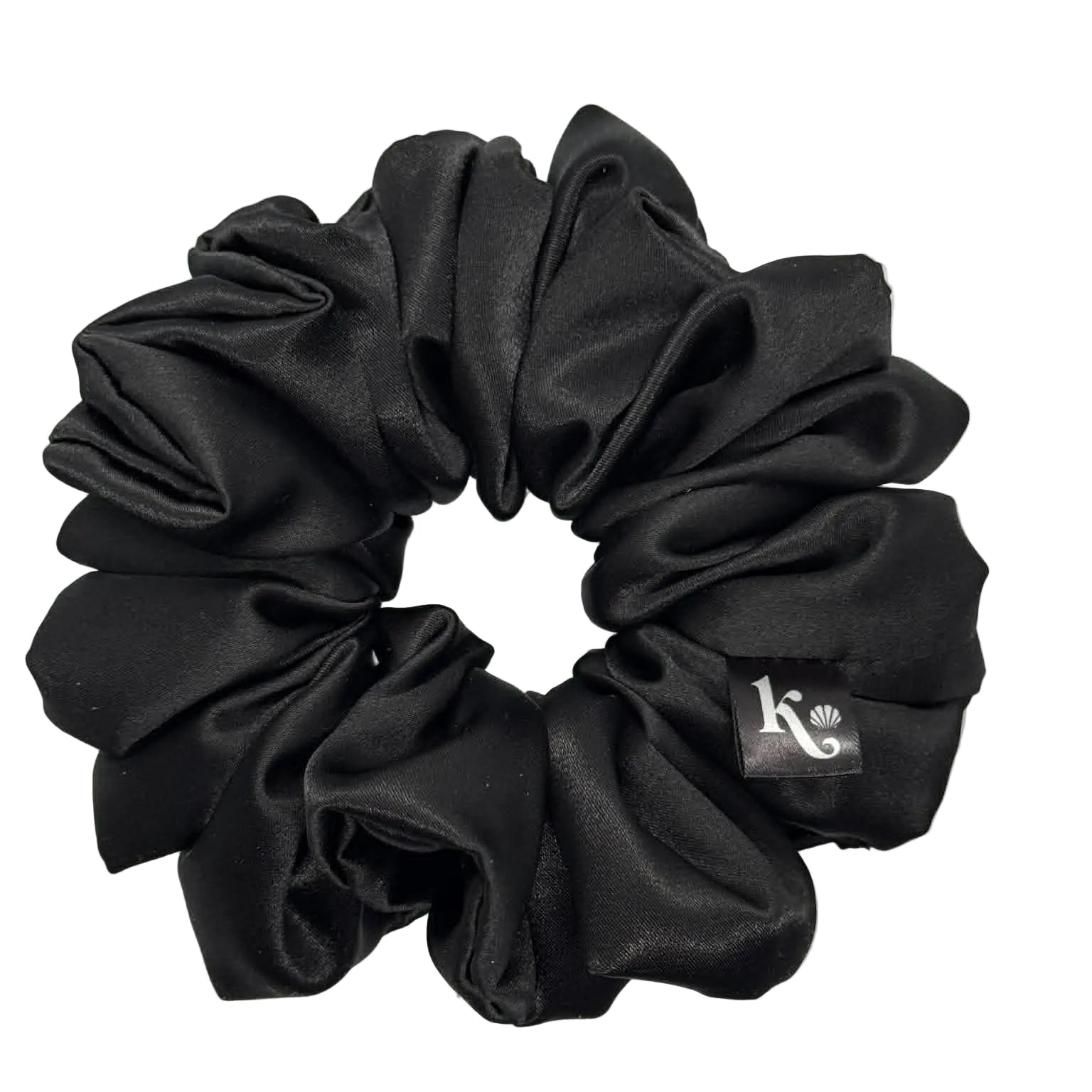 Black scrunchie with a brand logo on a white background