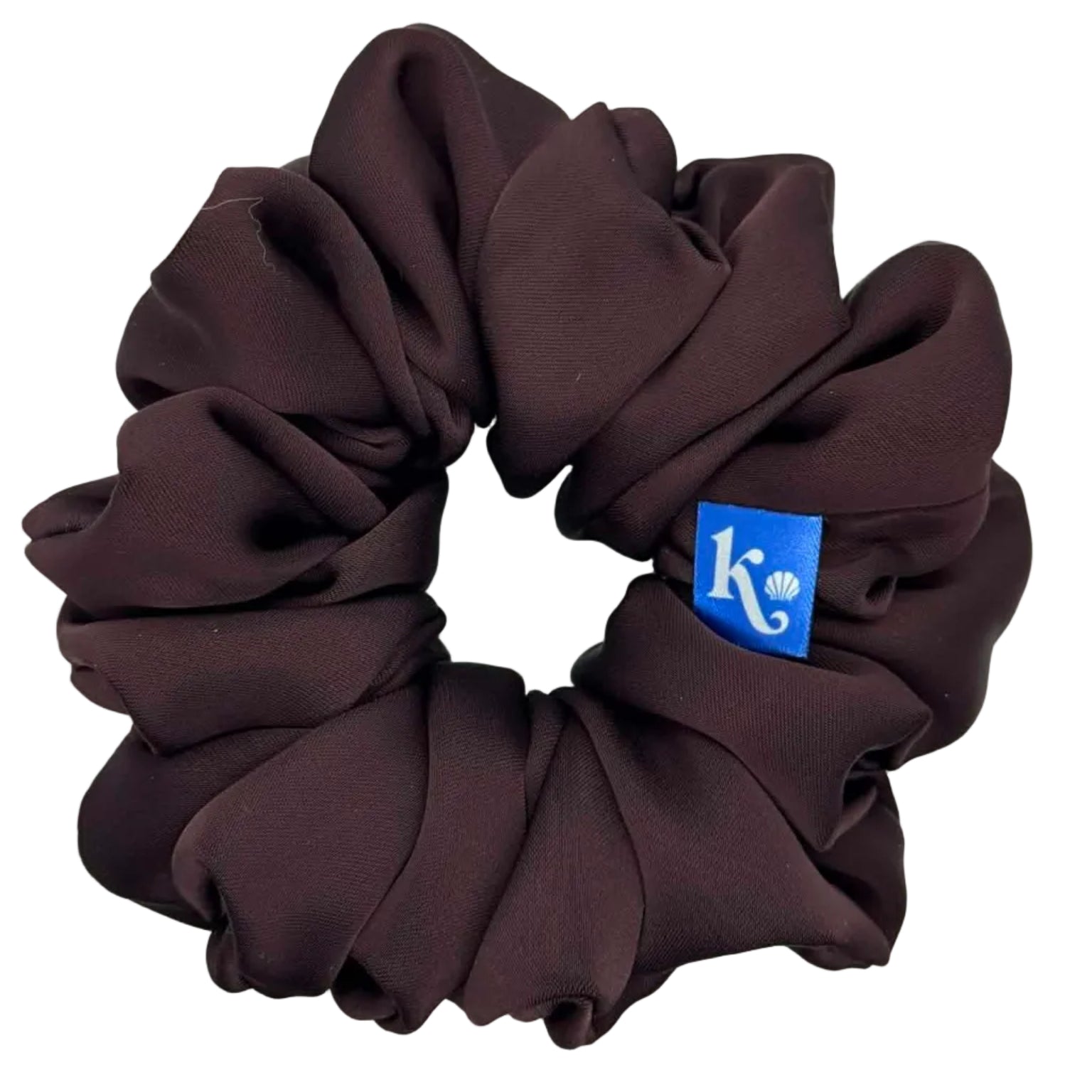 Brown scrunchie with a blue logo on a white background