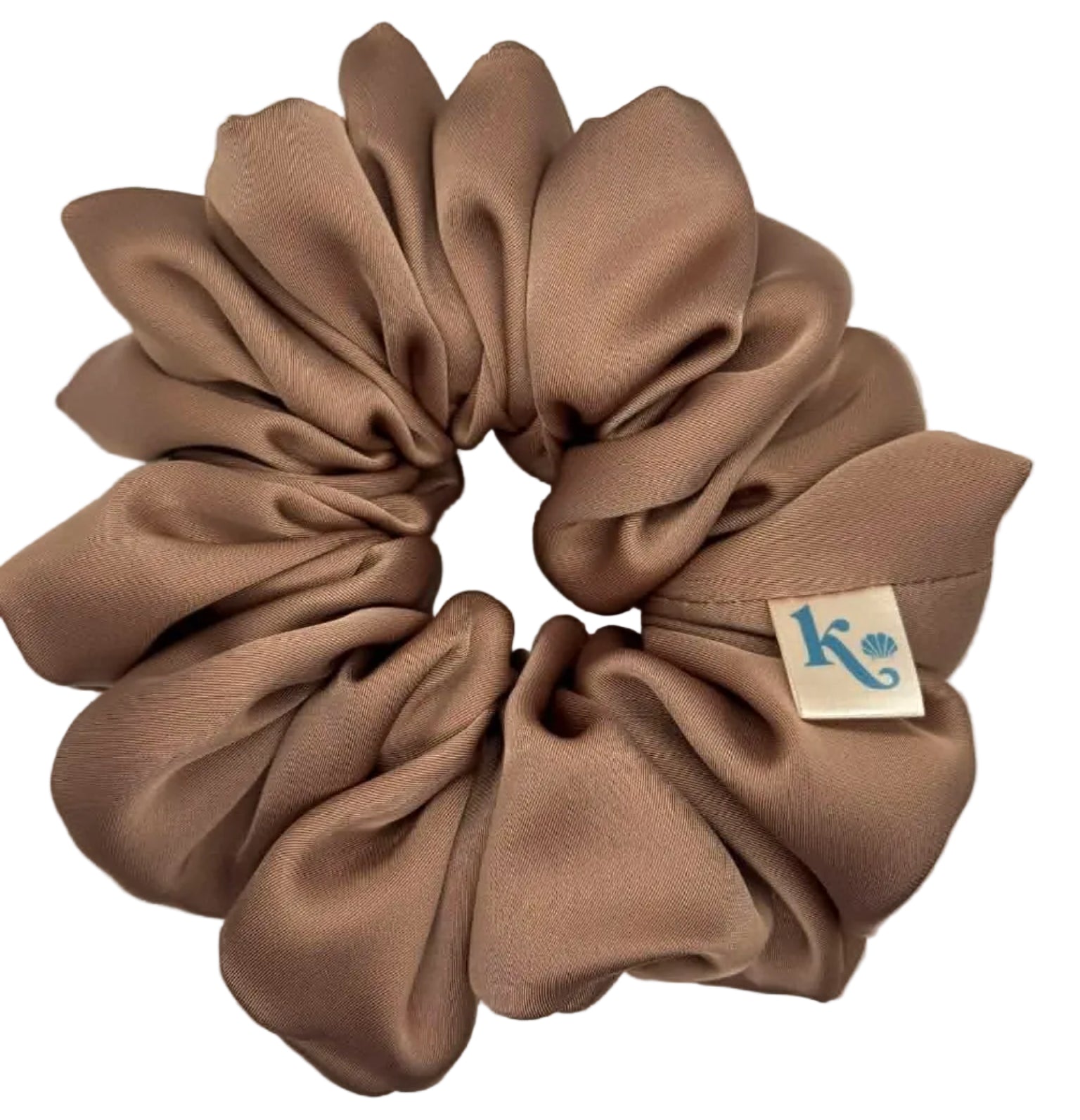 Brown scrunchie with a logo on a white background