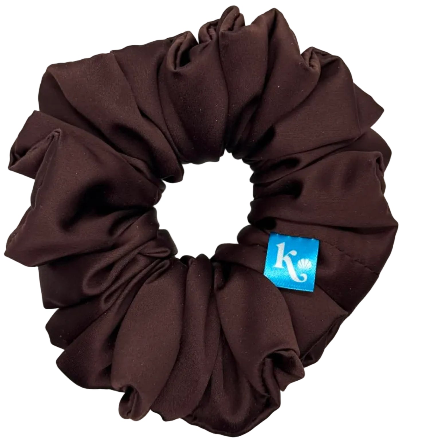 Brown scrunchie with a blue tag on a white background