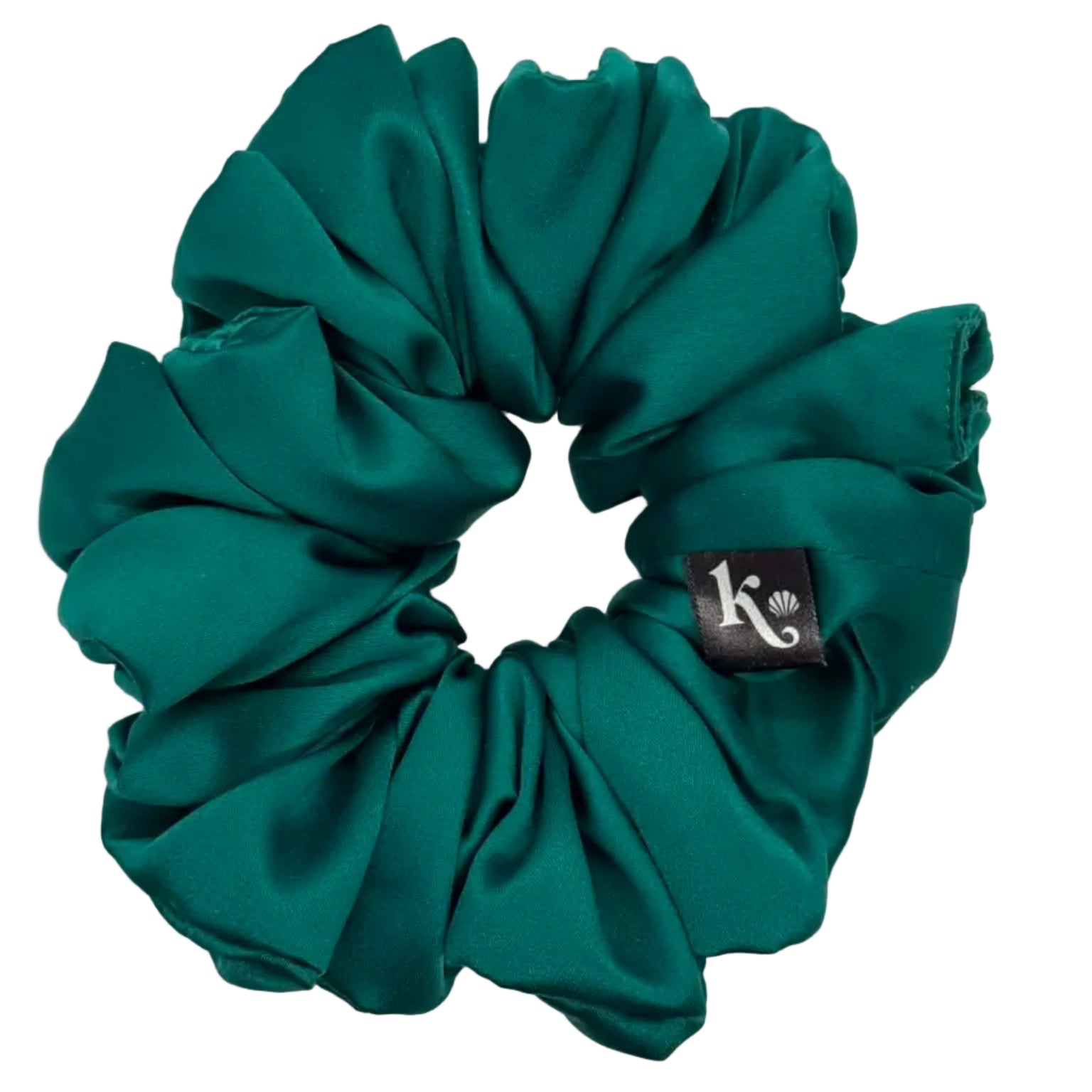 Green scrunchie with a brand logo on a white background