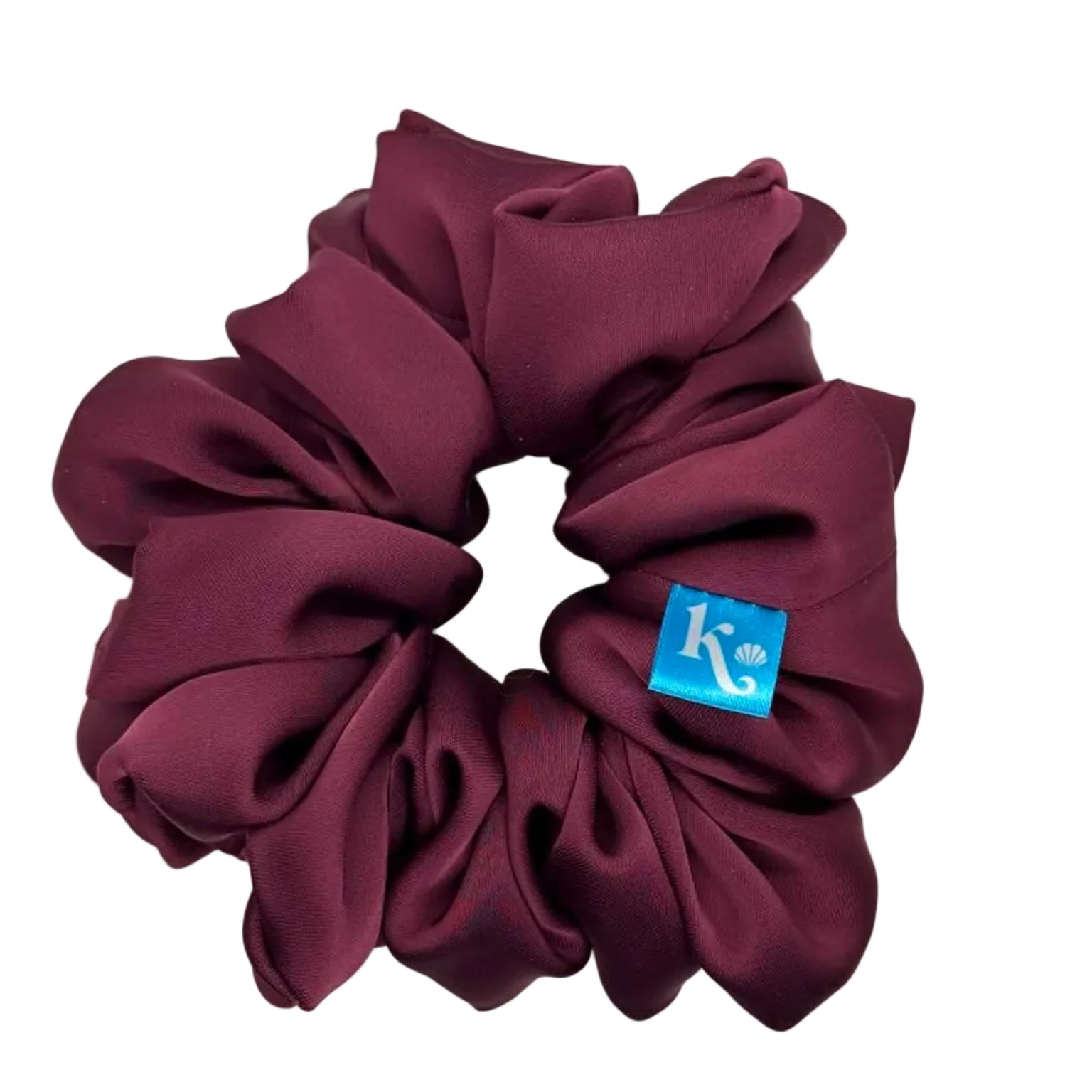 Maroon scrunchie with a blue logo on a white background