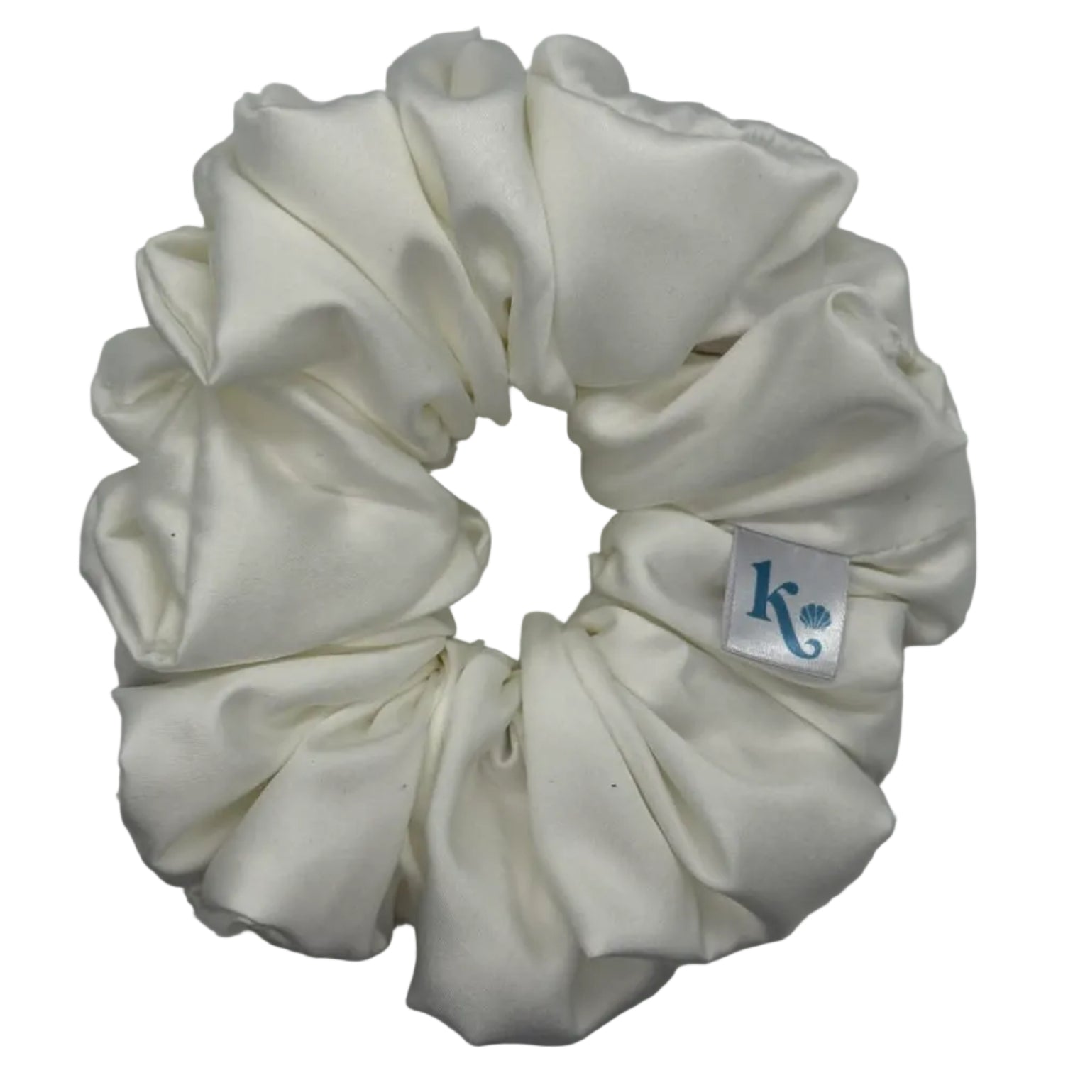 White satin scrunchie with a brand logo on a white background